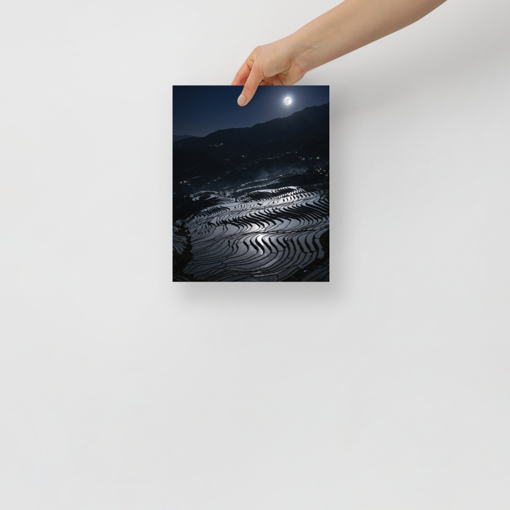 Art photography wall art for the bedroom, 'Moonlit Terraces'. Silvery moonlight reflects across terraced mountain fields under a starry night sky, creating a tranquil mood suited for a bedroom.