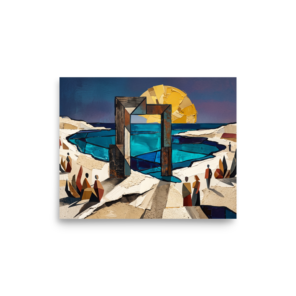 Dau-al-Set wall art for the living room, 'Portal to the Infinite'. An abstract surreal painting depicting a monumental geometric portal on white sands framed against turquoise waters and a textured yellow sun with stylized figures looking on, perfect for a living room.