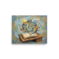 A lively painting showing an open book on a desk with a swirling vortex of animated pencils, a lightbulb, and other creative symbols. Shown here as the Expressionism print 'The Wellspring of Imagination'.