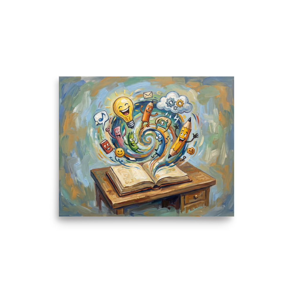 A lively painting showing an open book on a desk with a swirling vortex of animated pencils, a lightbulb, and other creative symbols. Shown here as the Expressionism print 'The Wellspring of Imagination'.