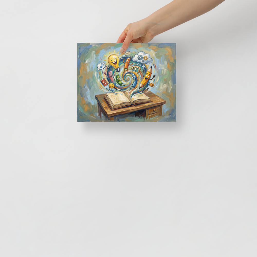 A lively painting showing an open book on a desk with a swirling vortex of animated pencils, a lightbulb, and other creative symbols. A Expressionism art print titled 'The Wellspring of Imagination'.