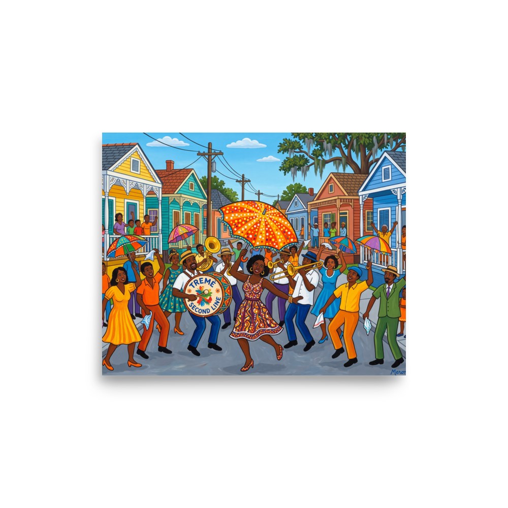 'Treme Second Line', Folk art wall art in yellow and orange. Vibrant folk art painting of a New Orleans second line brass band parade in Treme, ideal for a living room wall.