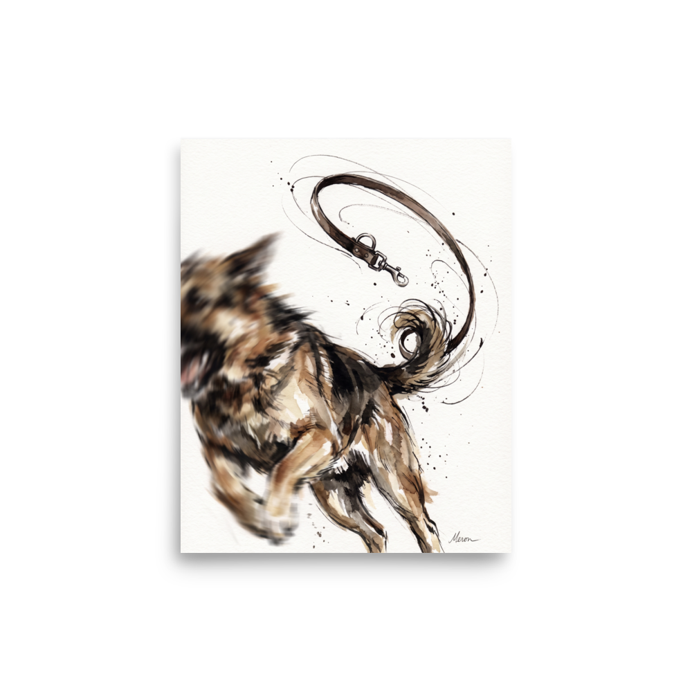 An expressive watercolor painting of a German Shepherd running free as its leash floats mid-air in a welcoming entryway. A Expressionism art print titled 'Unleashed Joy'.