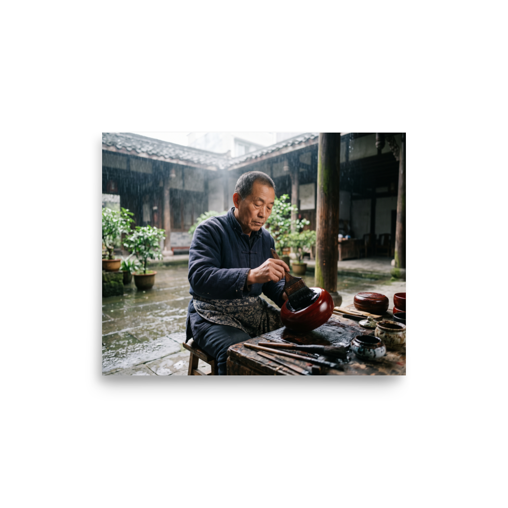 An artisan meticulously applies lacquer to a bowl in a rainy courtyard, offering inspiring dedication suited for an office. 'The Lacquer Craftsman', a Art photography print for the wall.