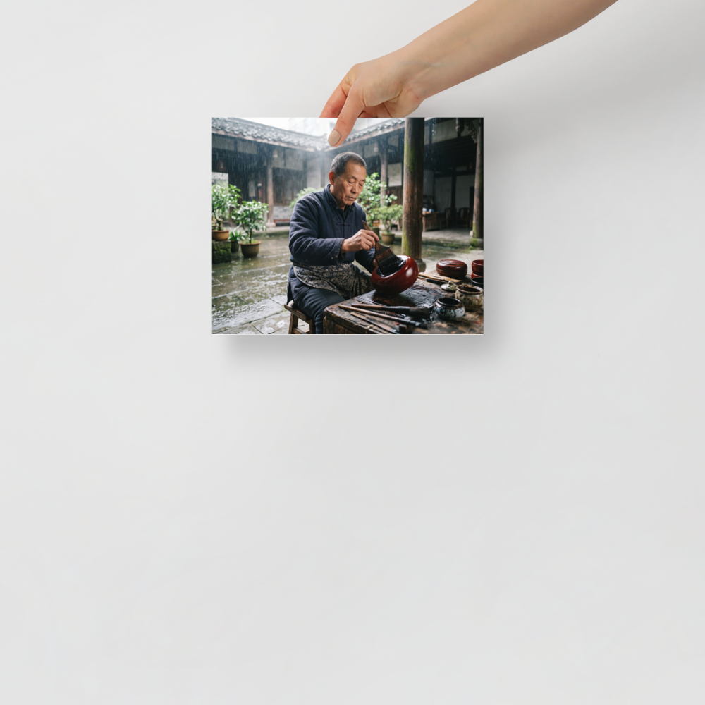 The Art photography print 'The Lacquer Craftsman'. An artisan meticulously applies lacquer to a bowl in a rainy courtyard, offering inspiring dedication suited for an office.