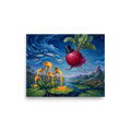 A surreal oil painting art print featuring a floating radish in a top hat shedding golden keys over a lily pad lake for a living room wall. Available as the Surrealism art print 'The Keyholder Radish'.
