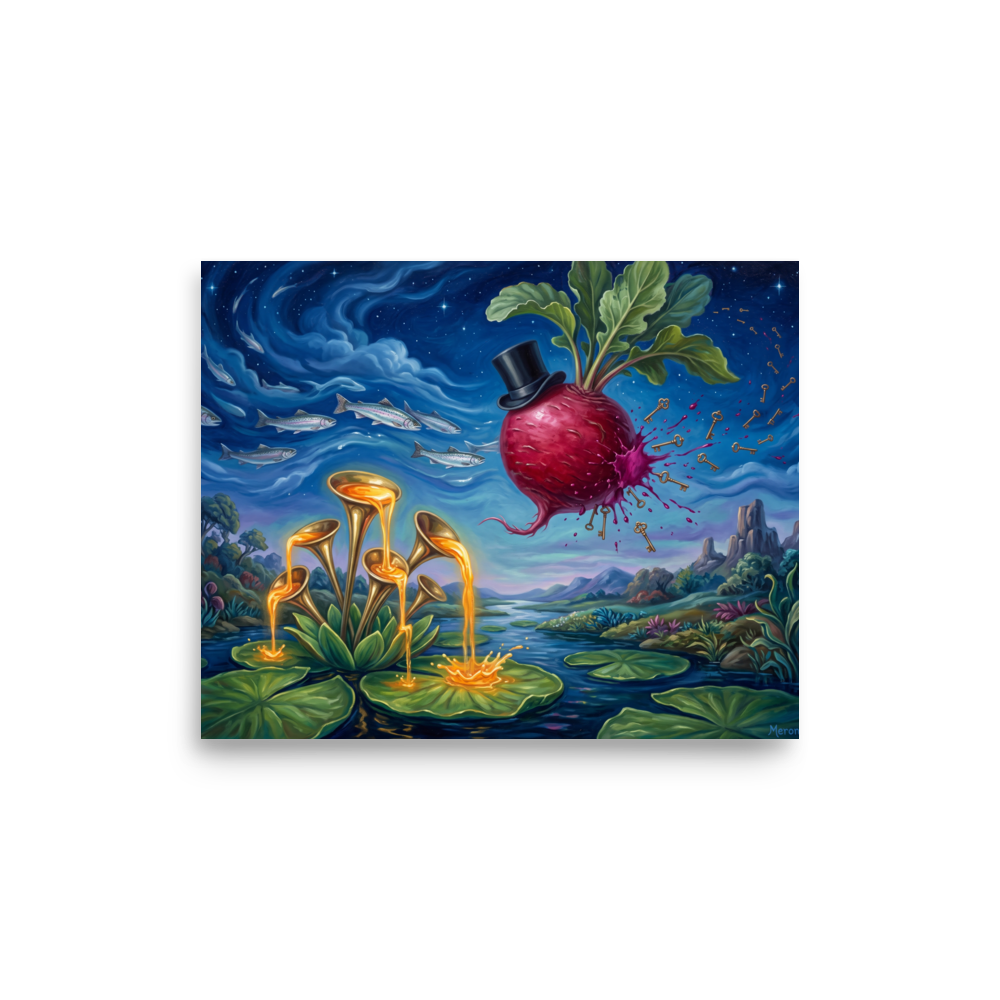 A surreal oil painting art print featuring a floating radish in a top hat shedding golden keys over a lily pad lake for a living room wall. Available as the Surrealism art print 'The Keyholder Radish'.