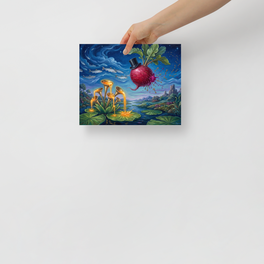 A surreal oil painting art print featuring a floating radish in a top hat shedding golden keys over a lily pad lake for a living room wall. Shown here as the Surrealism print 'The Keyholder Radish'.