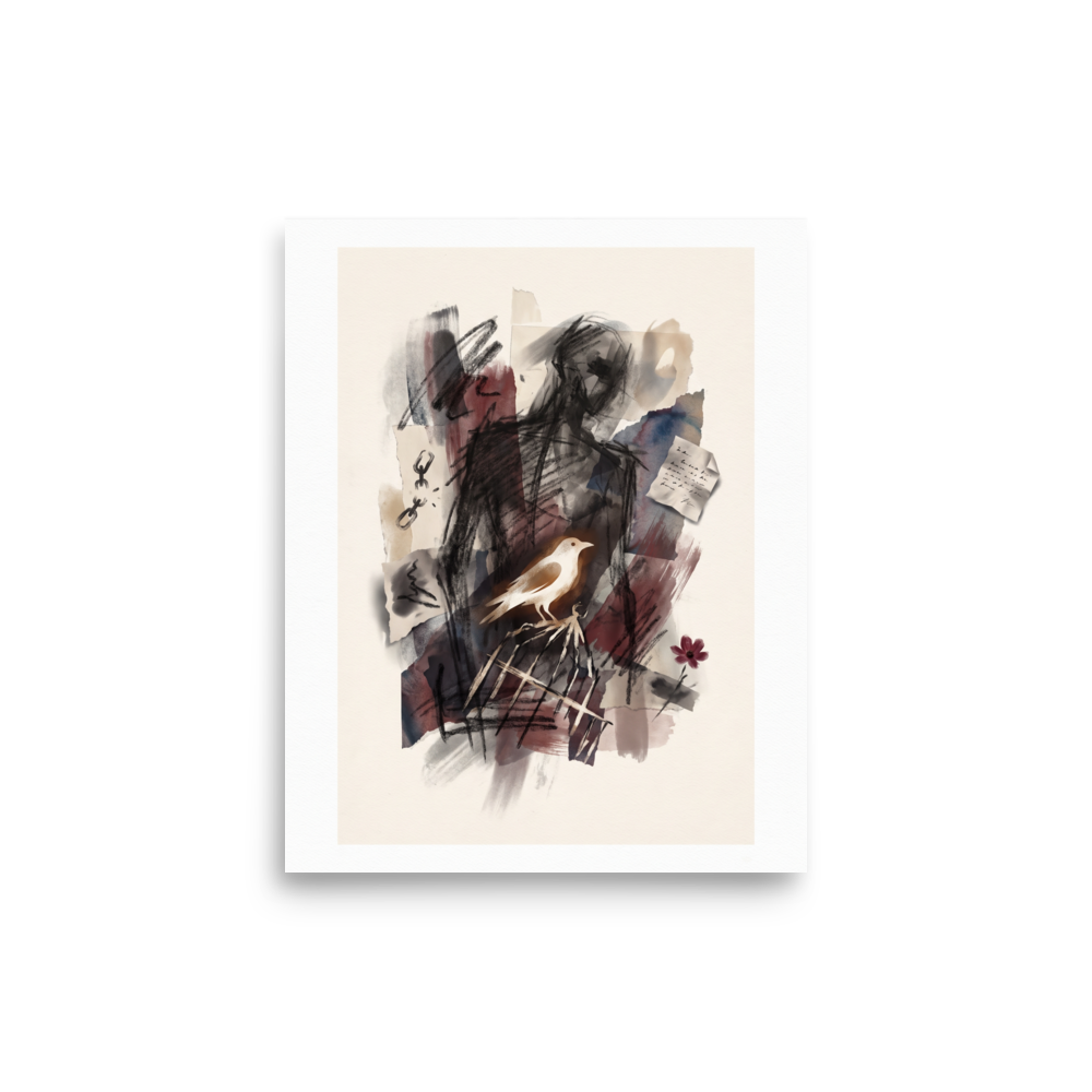 Wall art print 'Liberated Shadow' in a Transgressive art style. An expressive mixed-media drawing featuring a dark sketched silhouette, a white bird perched on a broken birdcage, broken chains, and red washes, ideal for a creative studio or bedroom.