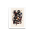 Wall art print 'Liberated Shadow' in a Transgressive art style. An expressive mixed-media drawing featuring a dark sketched silhouette, a white bird perched on a broken birdcage, broken chains, and red washes, ideal for a creative studio or bedroom.