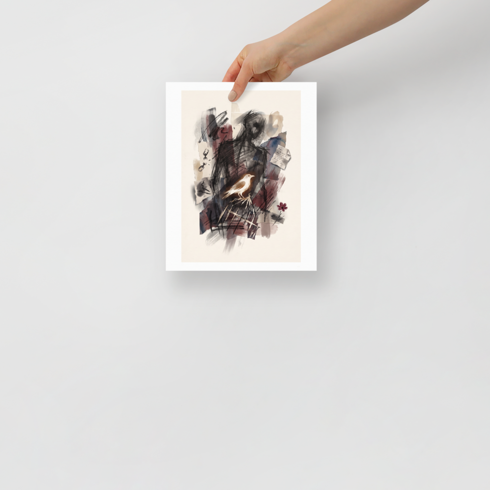 'Liberated Shadow', Transgressive art wall art in black and maroon. An expressive mixed-media drawing featuring a dark sketched silhouette, a white bird perched on a broken birdcage, broken chains, and red washes, ideal for a creative studio or bedroom.