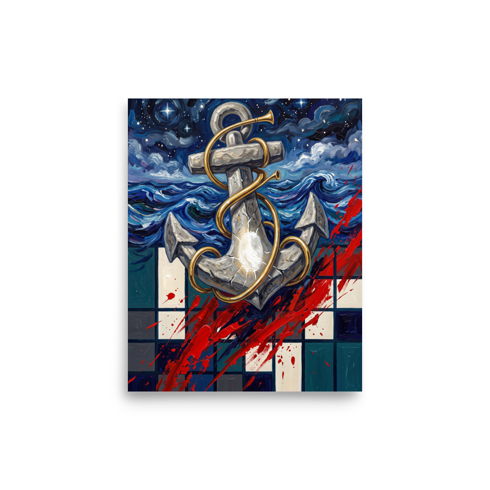 A striking Surrealism print, 'Anchor of the Horizon'. A modern nautical surreal art print featuring a stone anchor wrapped in a brass horn with starry skies and crimson paint slashes for a living room wall.
