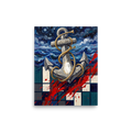 A striking Surrealism print, 'Anchor of the Horizon'. A modern nautical surreal art print featuring a stone anchor wrapped in a brass horn with starry skies and crimson paint slashes for a living room wall.