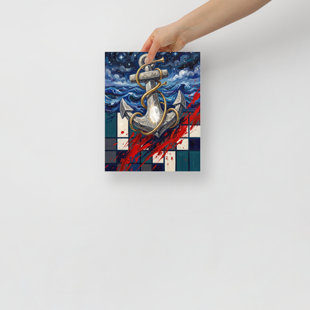 A modern nautical surreal art print featuring a stone anchor wrapped in a brass horn with starry skies and crimson paint slashes for a living room wall. 'Anchor of the Horizon', a Surrealism print for the wall.