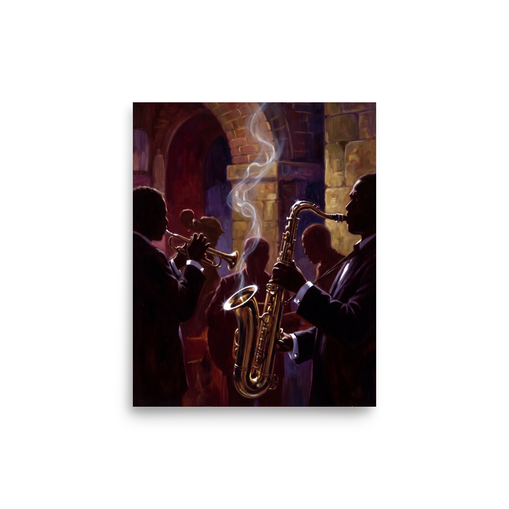 Wall art print 'Smoke and Brass' in a Realism style. Atmospheric oil painting of jazz musicians playing saxophone and trumpet under a brick arch with rising smoke, ideal for a speakeasy lounge.