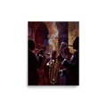 Wall art print 'Smoke and Brass' in a Realism style. Atmospheric oil painting of jazz musicians playing saxophone and trumpet under a brick arch with rising smoke, ideal for a speakeasy lounge.