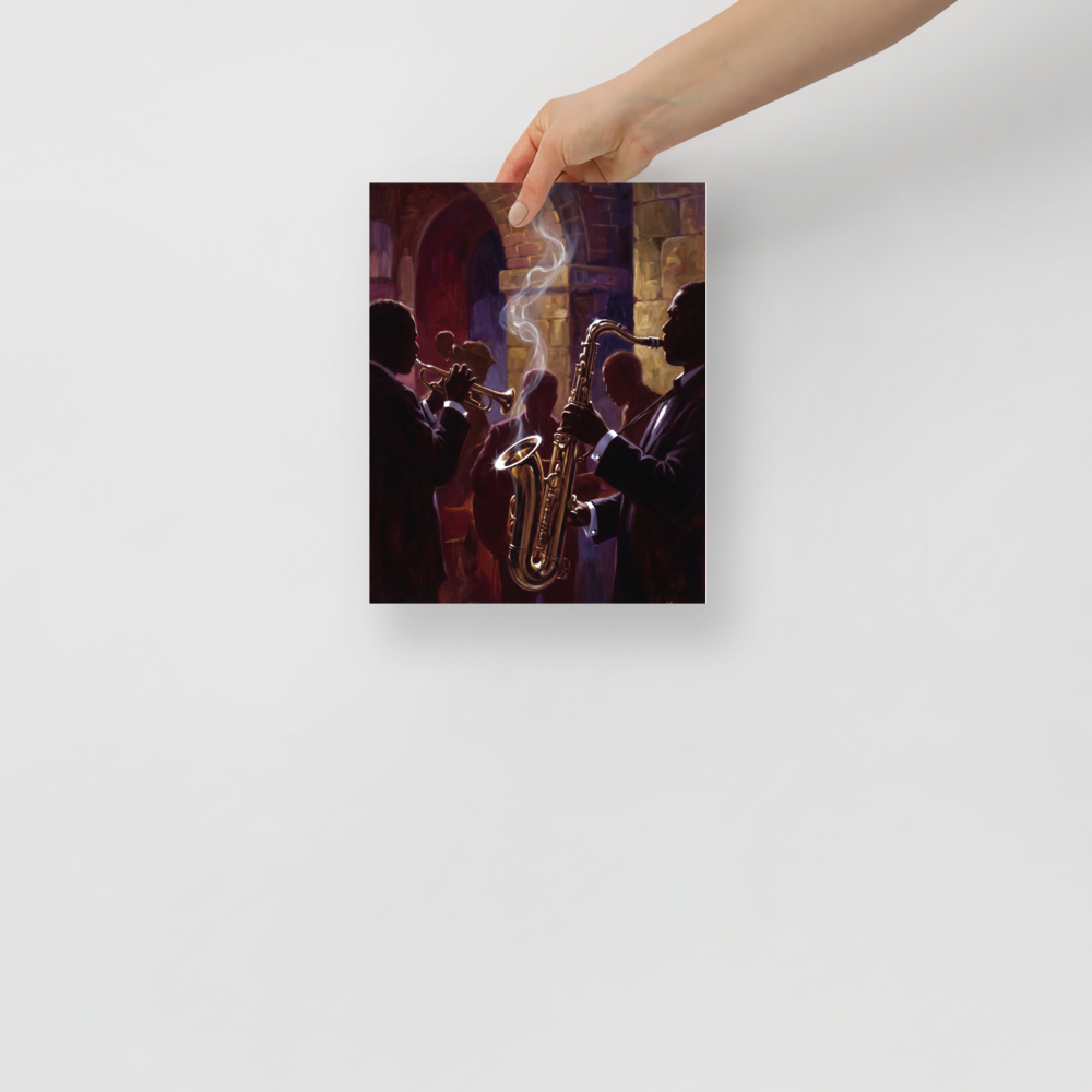 Atmospheric oil painting of jazz musicians playing saxophone and trumpet under a brick arch with rising smoke, ideal for a speakeasy lounge. Shown here as the Realism print 'Smoke and Brass'.