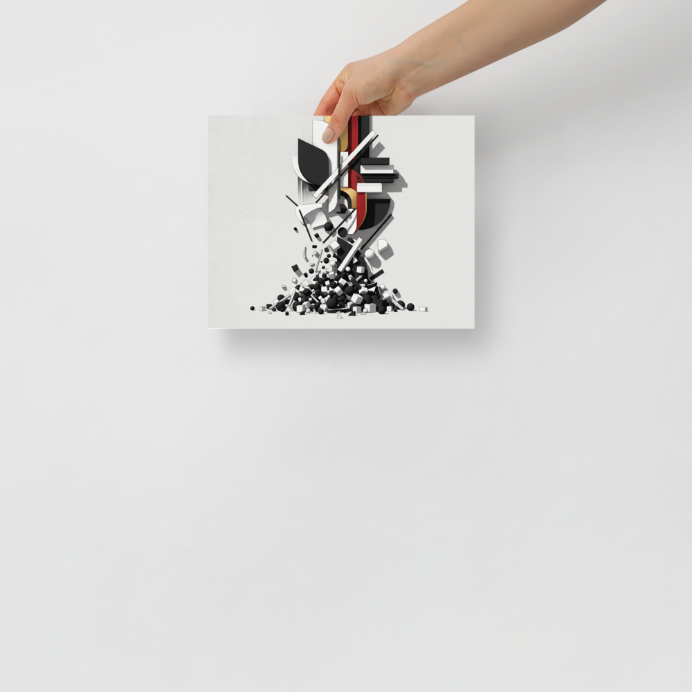 'Cascading Geometric Construct' by Meron. A striking 3D geometric composition of black, white, and gold architectural slabs cascading into spheres and cubes, ideal for a modern office or living room. A Constructivism wall art print.