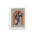'Rust Rhythm', Abstract art wall art in chocolate and slate gray. Gestural ink sketch of a guitarist playing an electric guitar framed within a terracotta arch, ideal for a living room.
