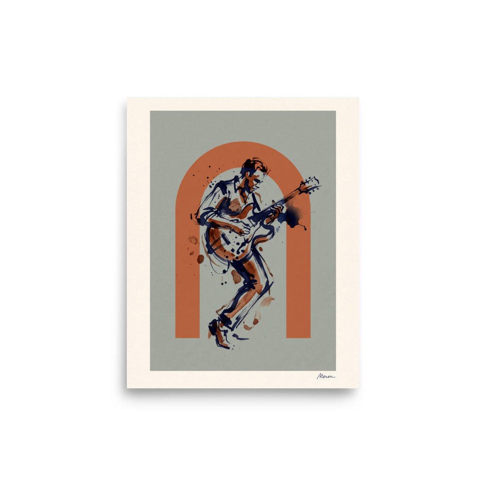 'Rust Rhythm', Abstract art wall art in chocolate and slate gray. Gestural ink sketch of a guitarist playing an electric guitar framed within a terracotta arch, ideal for a living room.