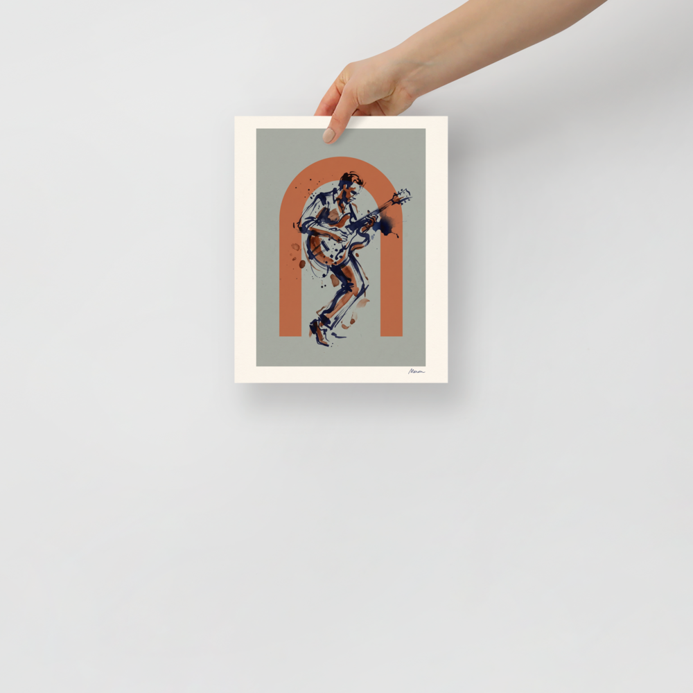 'Rust Rhythm'. Gestural ink sketch of a guitarist playing an electric guitar framed within a terracotta arch, ideal for a living room. Offered as a Abstract art print.