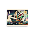 A geometric sailboat with winged sails navigates between a crescent moon and a radiant sun, creating a dynamic maritime statement for a living room. A Dau-al-Set print with a papier collé look, titled 'Celestial Sailboat'.