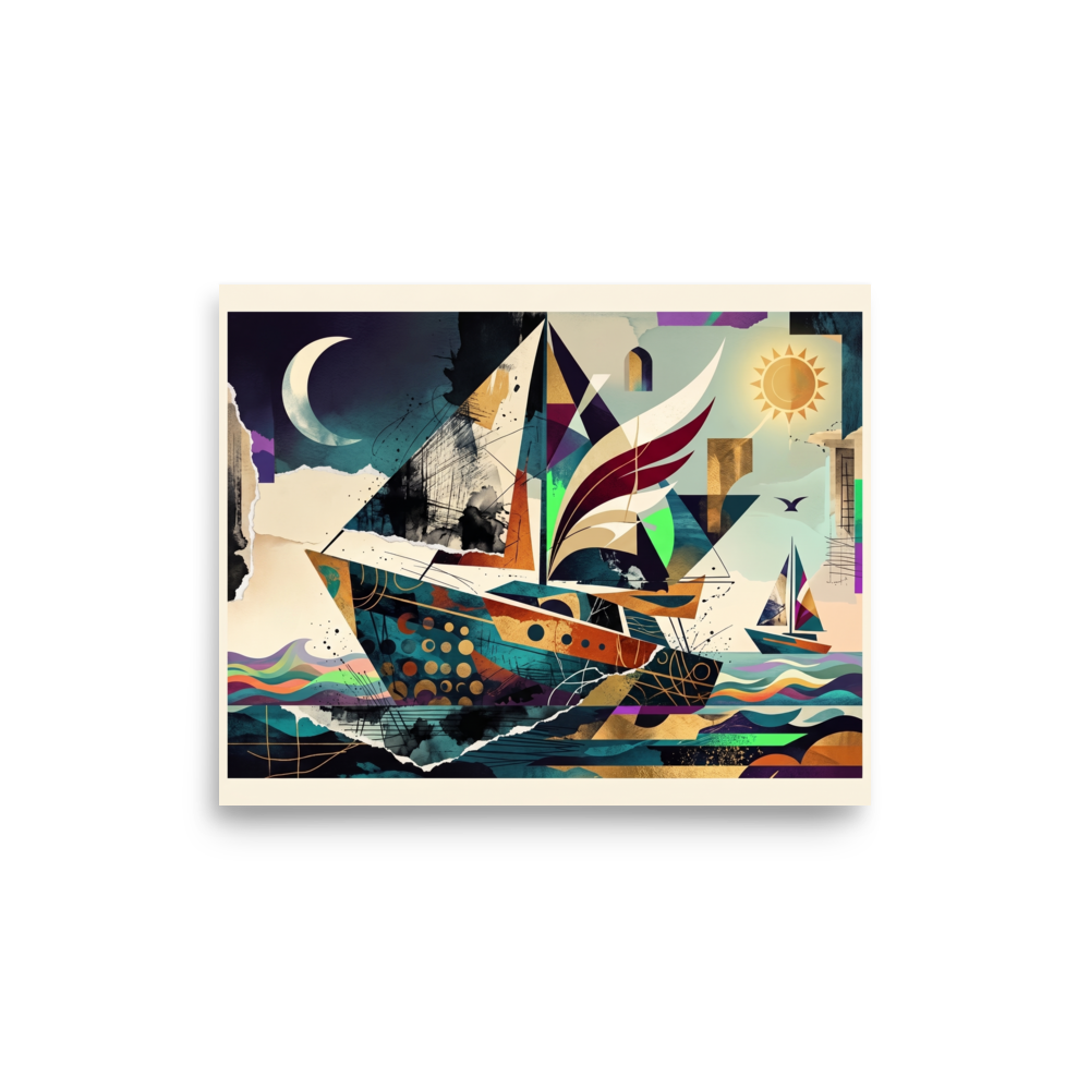 A geometric sailboat with winged sails navigates between a crescent moon and a radiant sun, creating a dynamic maritime statement for a living room. A Dau-al-Set print with a papier collé look, titled 'Celestial Sailboat'.