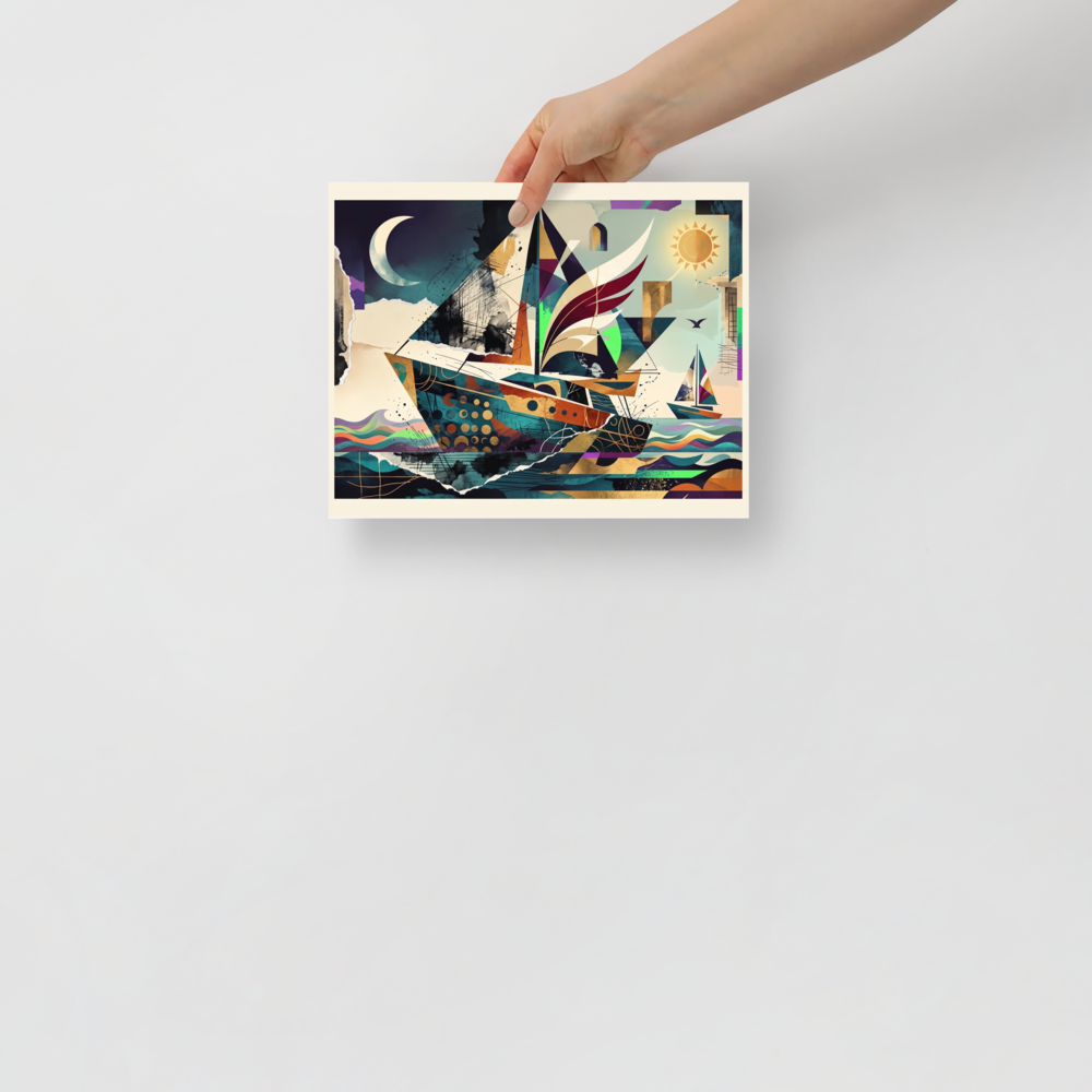 A geometric sailboat with winged sails navigates between a crescent moon and a radiant sun, creating a dynamic maritime statement for a living room. Shown here as the Dau-al-Set print 'Celestial Sailboat'.