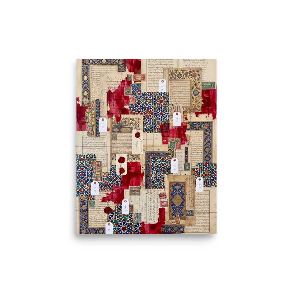 Wall art print 'Silk Road Archives' in a Arabesque style. Intricate blue Islamic tilework, crimson paint, and manuscript fragments form a rich collage in a living room wall art print.