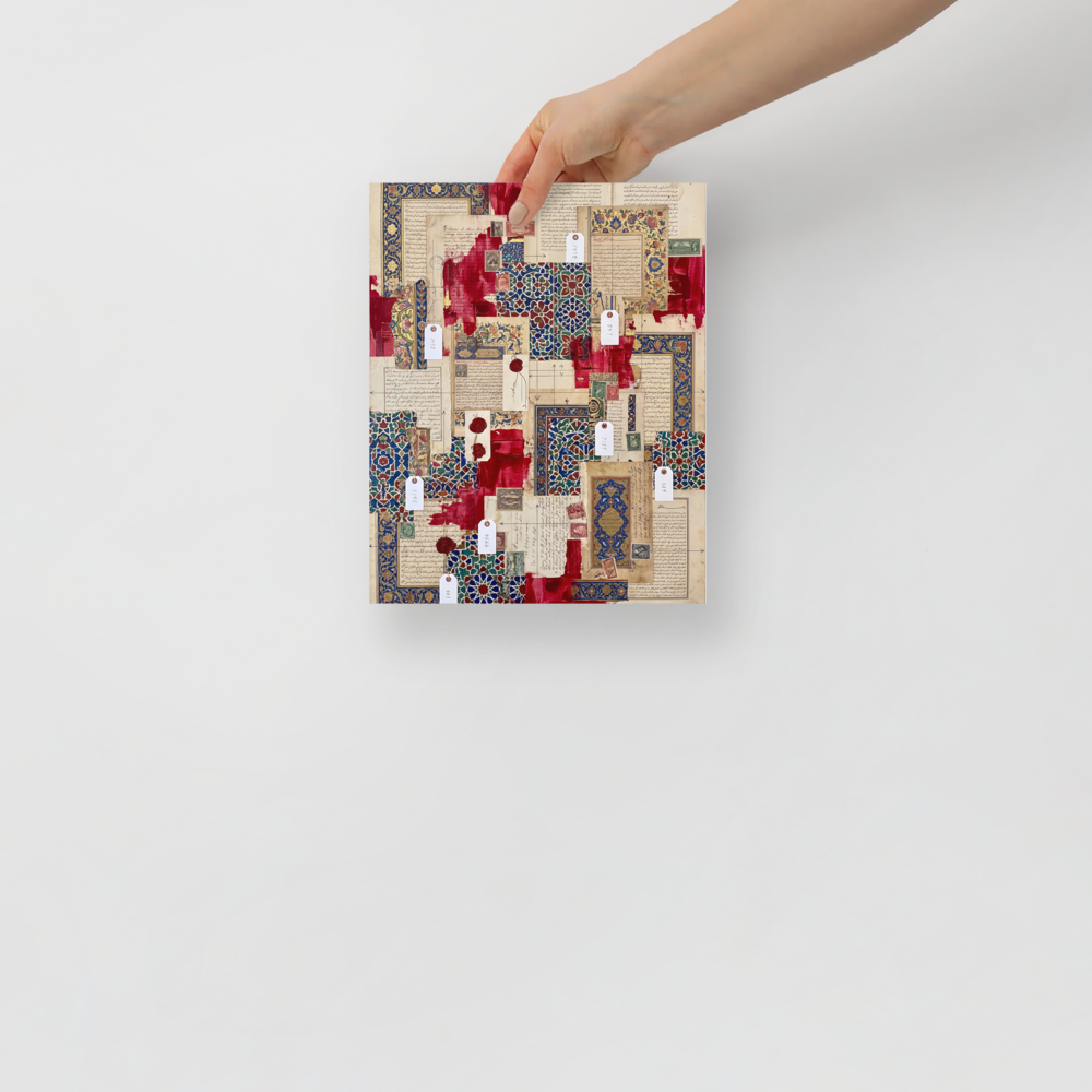 'Silk Road Archives', Arabesque wall art in crimson and royal blue. Intricate blue Islamic tilework, crimson paint, and manuscript fragments form a rich collage in a living room wall art print.