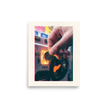 Fine art print 'Insert Coin' in a Digital art style. A hand inserting a 500 Yen coin into a Japanese vending machine with glowing lights in a retro apartment.