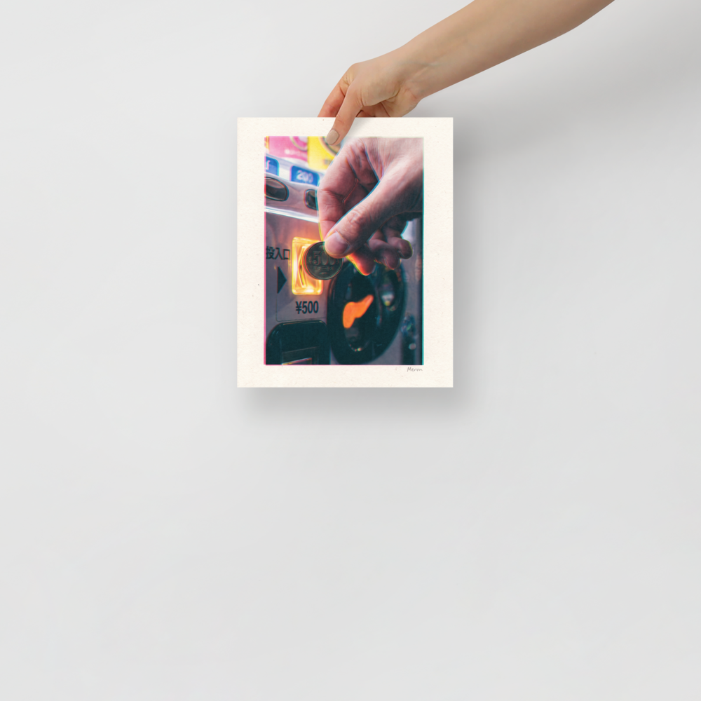 Digital art wall art for the game room, 'Insert Coin'. A hand inserting a 500 Yen coin into a Japanese vending machine with glowing lights in a retro apartment.