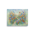 A Pointillist painting of a garden pathway filled with orange poppies and blue irises in a Sunroom / Conservatory. A dreamy piece titled 'Wildflower Symphony'.