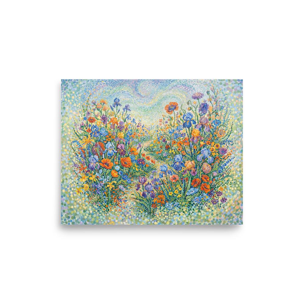 A Pointillist painting of a garden pathway filled with orange poppies and blue irises in a Sunroom / Conservatory. A dreamy piece titled 'Wildflower Symphony'.