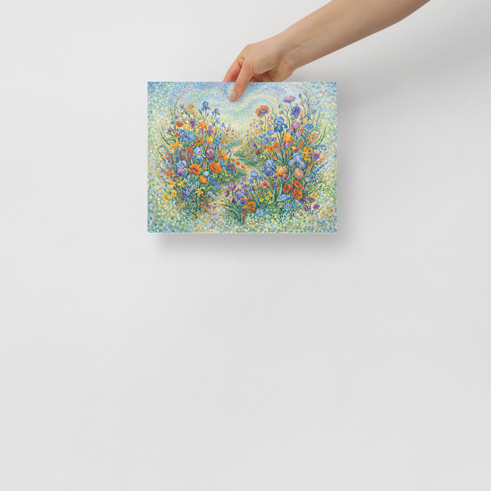 A Pointillist painting of a garden pathway filled with orange poppies and blue irises in a Sunroom / Conservatory. Available as the Pointillism art print 'Wildflower Symphony'.