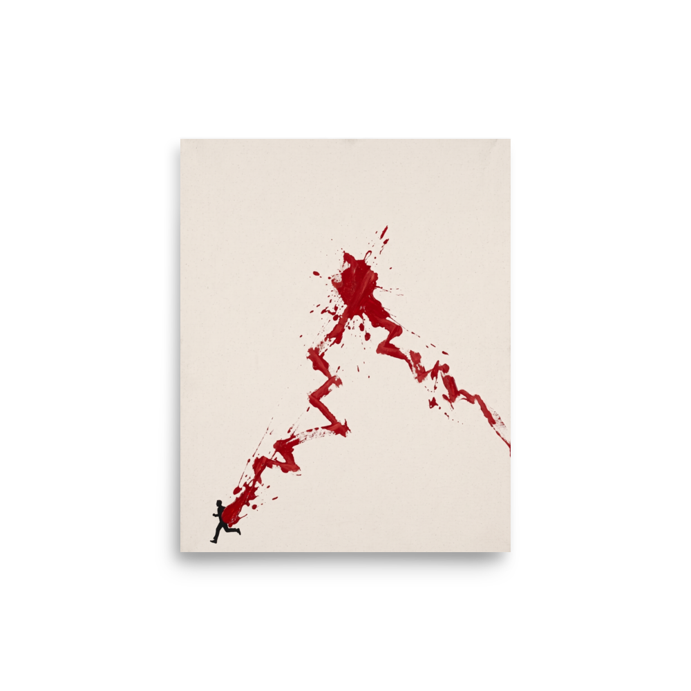 Minimalist conceptual art print depicting a silhouette running with a vivid red paint splash trailing upward into a dramatic peak, ideal for a modern office. 'The Surge of Momentum', a Conceptual art print for the wall.