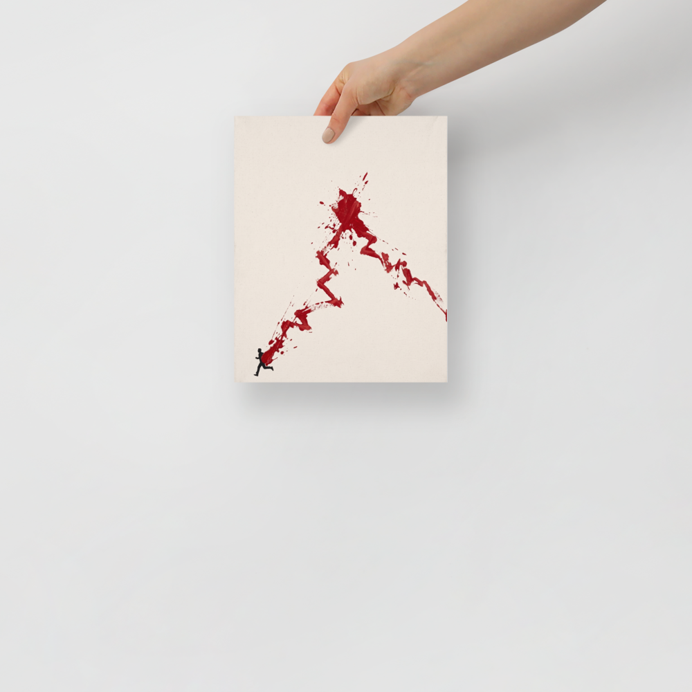 'The Surge of Momentum'. Minimalist conceptual art print depicting a silhouette running with a vivid red paint splash trailing upward into a dramatic peak, ideal for a modern office. Offered as a Conceptual art print.