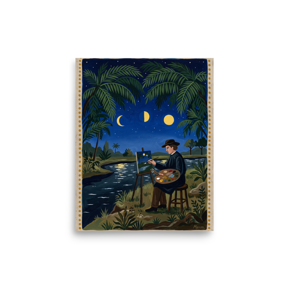 Naive art wall art exploring art, 'Nocturne Artist'. Poetic naive art painting of a plein air painter working under moon phases by a riverbank, perfect for a studio wall.