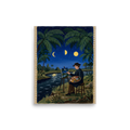 Naive art wall art exploring art, 'Nocturne Artist'. Poetic naive art painting of a plein air painter working under moon phases by a riverbank, perfect for a studio wall.