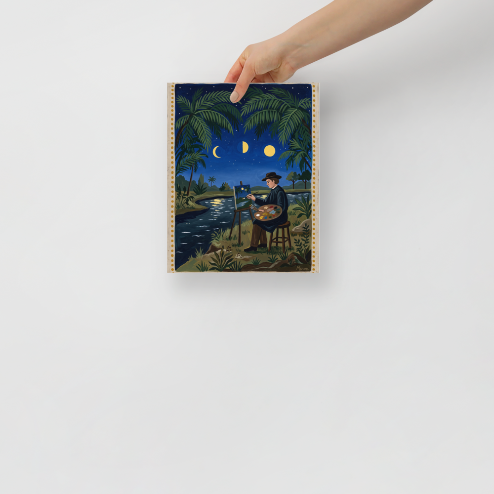 Poetic naive art painting of a plein air painter working under moon phases by a riverbank, perfect for a studio wall. A mystical / mysterious piece titled 'Nocturne Artist'.