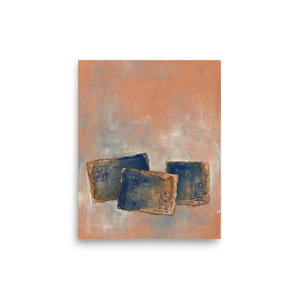A mystical / mysterious scene in peach puff and steel blue, 'Egyptian Blue Relics'. Blue Egyptian papyrus fragments with ancient hieroglyphs float on a terracotta canvas in a living room wall art print.