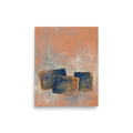 A mystical / mysterious scene in peach puff and steel blue, 'Egyptian Blue Relics'. Blue Egyptian papyrus fragments with ancient hieroglyphs float on a terracotta canvas in a living room wall art print.