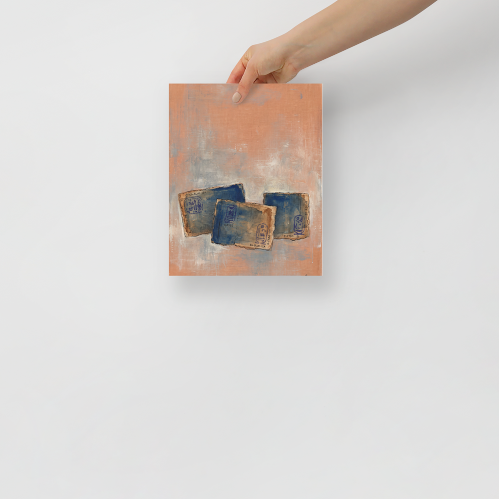 Blue Egyptian papyrus fragments with ancient hieroglyphs float on a terracotta canvas in a living room wall art print. A Abstract art print in peach puff and steel blue, 'Egyptian Blue Relics'.