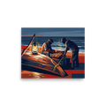 Two men playing a wooden board game under a glowing lantern beside an overturned boat on a night beach, ideal for a living room. A Modernism art print titled 'Lanterns by the Tide'.