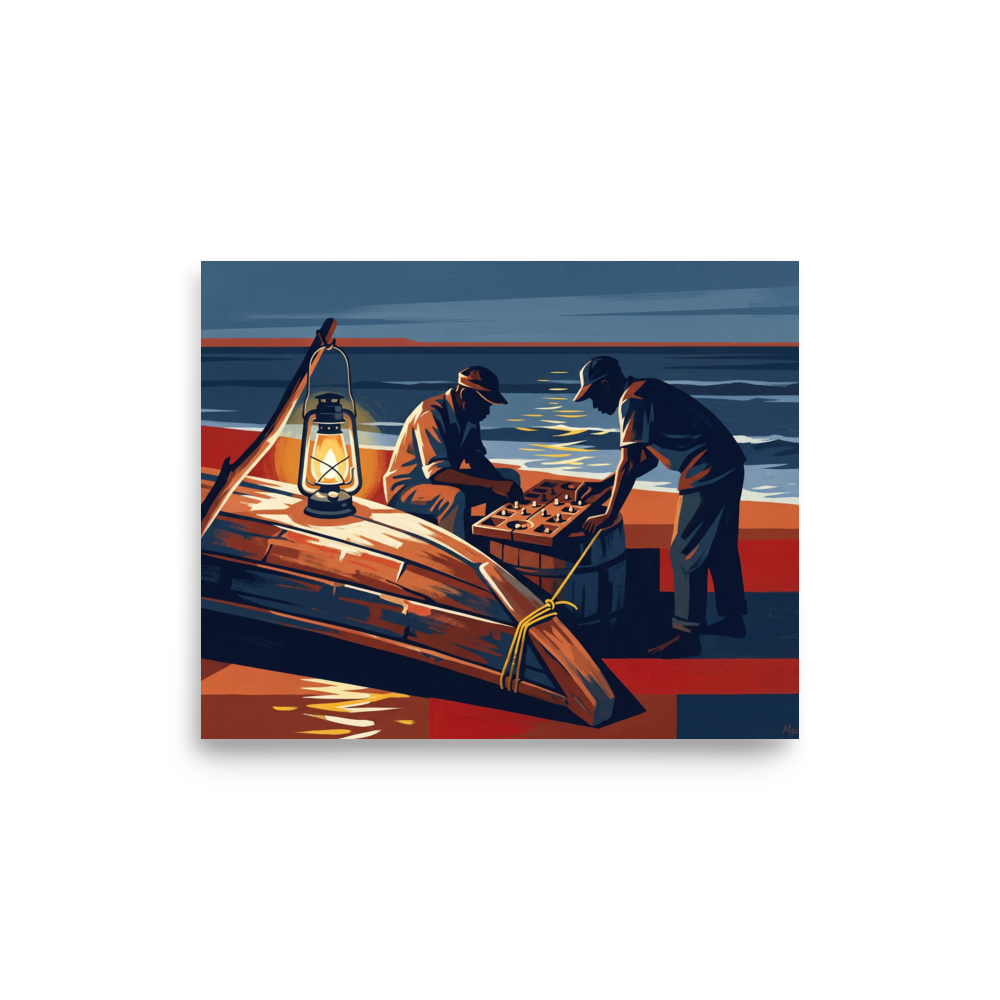 Two men playing a wooden board game under a glowing lantern beside an overturned boat on a night beach, ideal for a living room. A Modernism art print titled 'Lanterns by the Tide'.