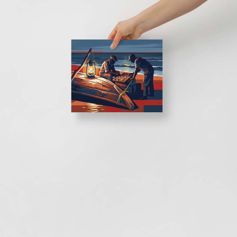The Modernism print 'Lanterns by the Tide'. Two men playing a wooden board game under a glowing lantern beside an overturned boat on a night beach, ideal for a living room.