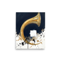Wall art print 'Crescendo in Gold' in a Abstract expressionism style. A metallic gold brass horn arc with dark blue ink wash and black ink splatters on white paper in a living room wall art display.