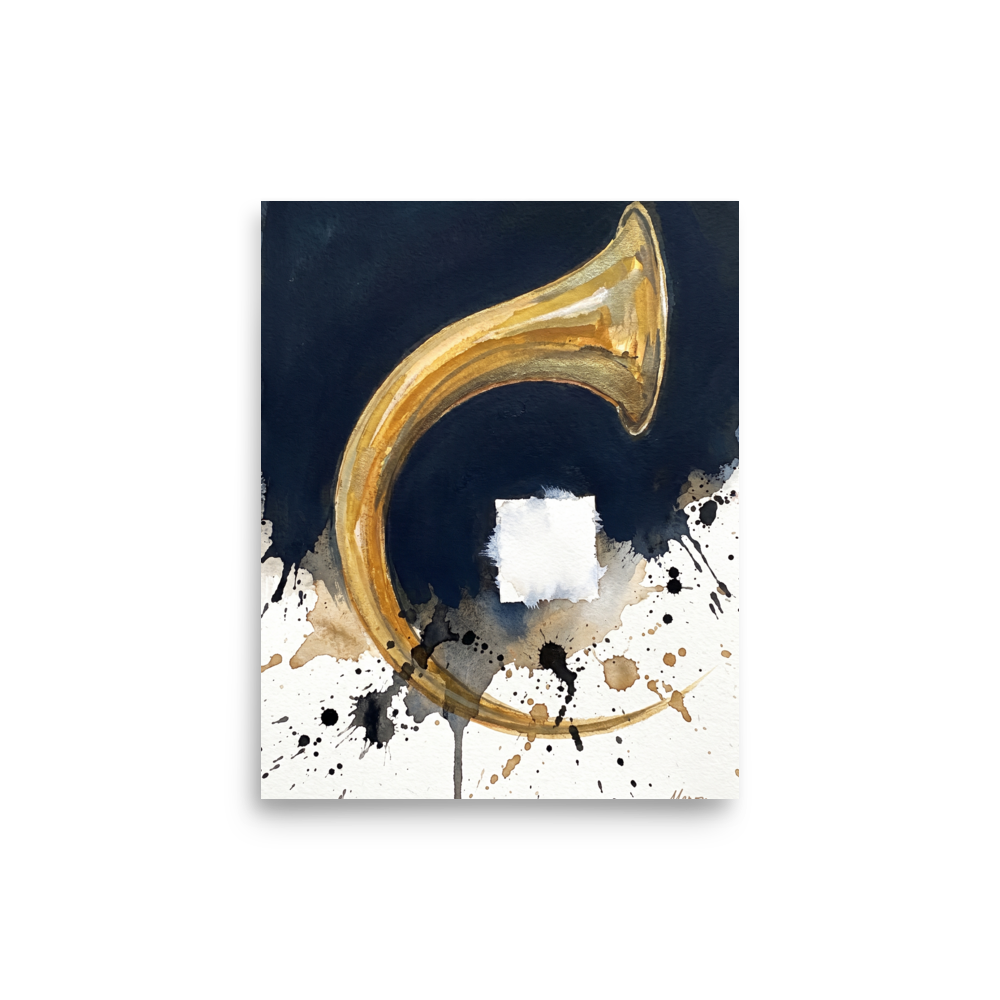 Wall art print 'Crescendo in Gold' in a Abstract expressionism style. A metallic gold brass horn arc with dark blue ink wash and black ink splatters on white paper in a living room wall art display.
