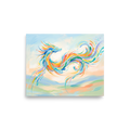 'Celestial Dragon', Expressionism wall art in sky blue and peach puff. Vibrant pastel painting of a colorful celestial dragon dancing in the sky, perfect wall art for a bedroom.