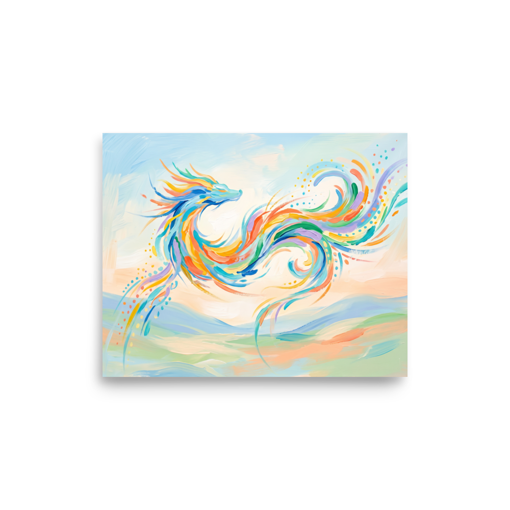 'Celestial Dragon', Expressionism wall art in sky blue and peach puff. Vibrant pastel painting of a colorful celestial dragon dancing in the sky, perfect wall art for a bedroom.